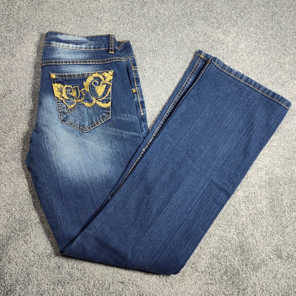 Southpole Jeans Womens 9 Flare Blue Denim Y2K Rose Embroidery Vintage Streetwear